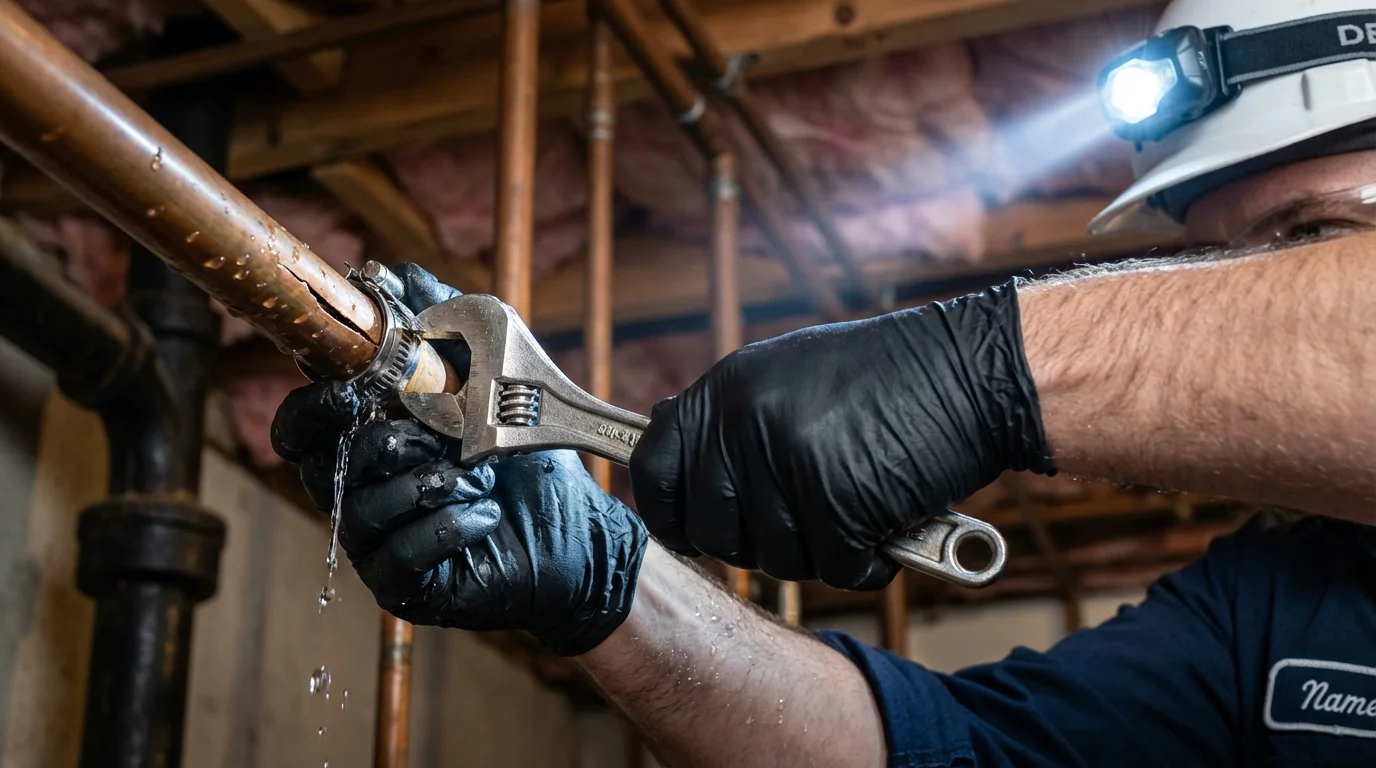 Emergency pipe clamp repair being performed by a Johns Plumbing LLC plumber in Brewerton