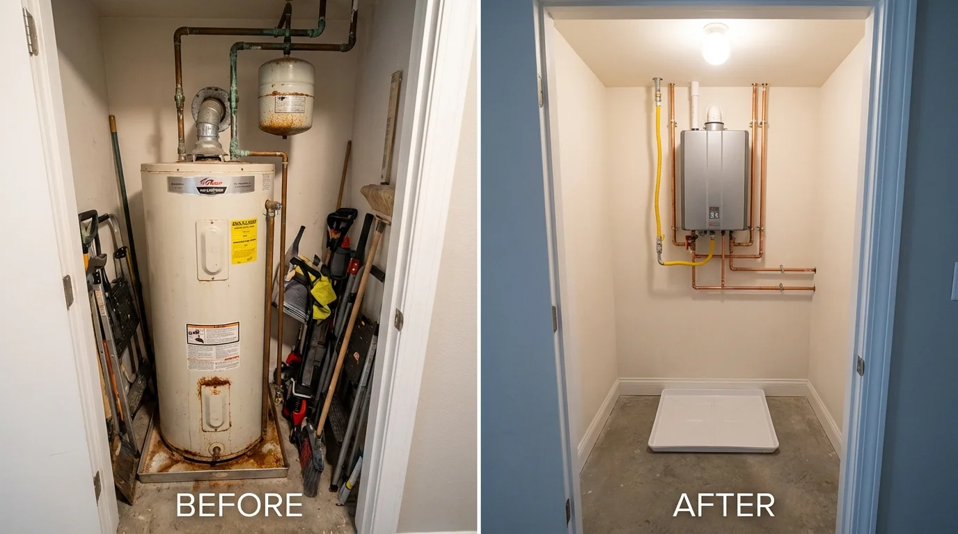 Tank water heater versus wall-mounted tankless unit comparison for Brewerton, NY homeowners