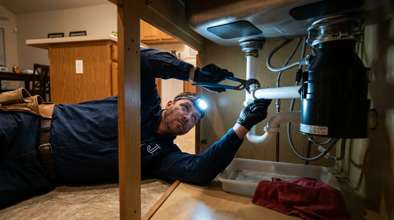 P-trap and supply line connections under a kitchen sink showing a common leak point in Brewerton, NY